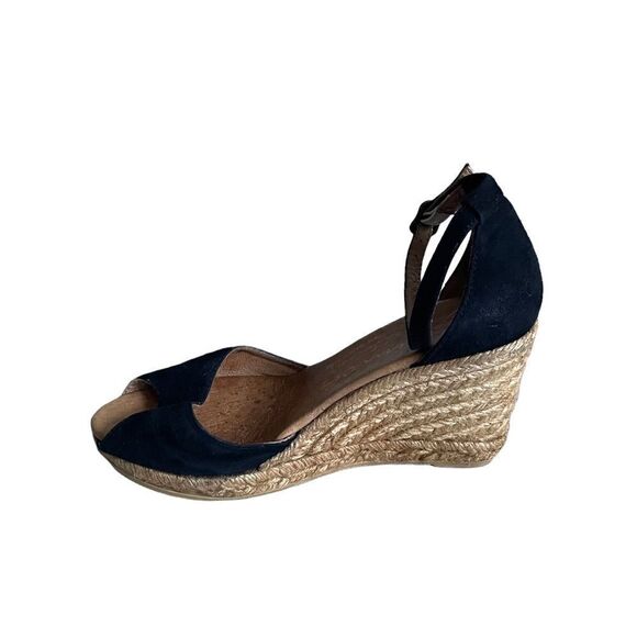 GAIMO Suede Peep Toe Wedge Espadrilles Sandals Shoes Black Tan 38 - Picture 4 of 13